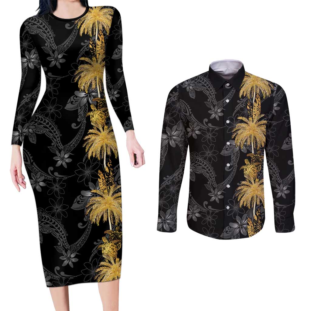 Hawaiian Honu And Surfboards Couples Matching Long Sleeve Bodycon Dress and Long Sleeve Button Shirt Gold Style - Polynesian Pride