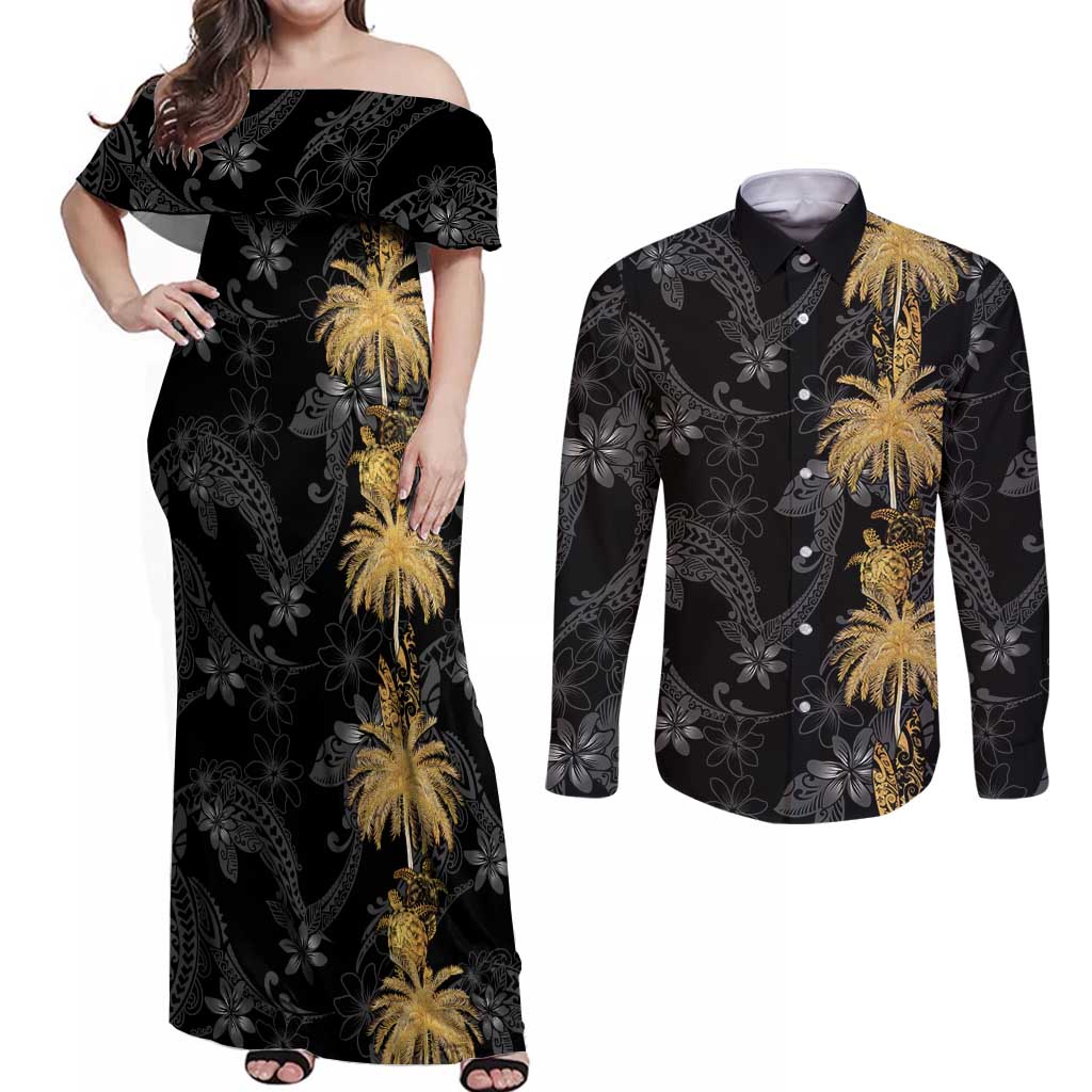 Hawaiian Honu And Surfboards Couples Matching Off Shoulder Maxi Dress and Long Sleeve Button Shirt Gold Style - Polynesian Pride
