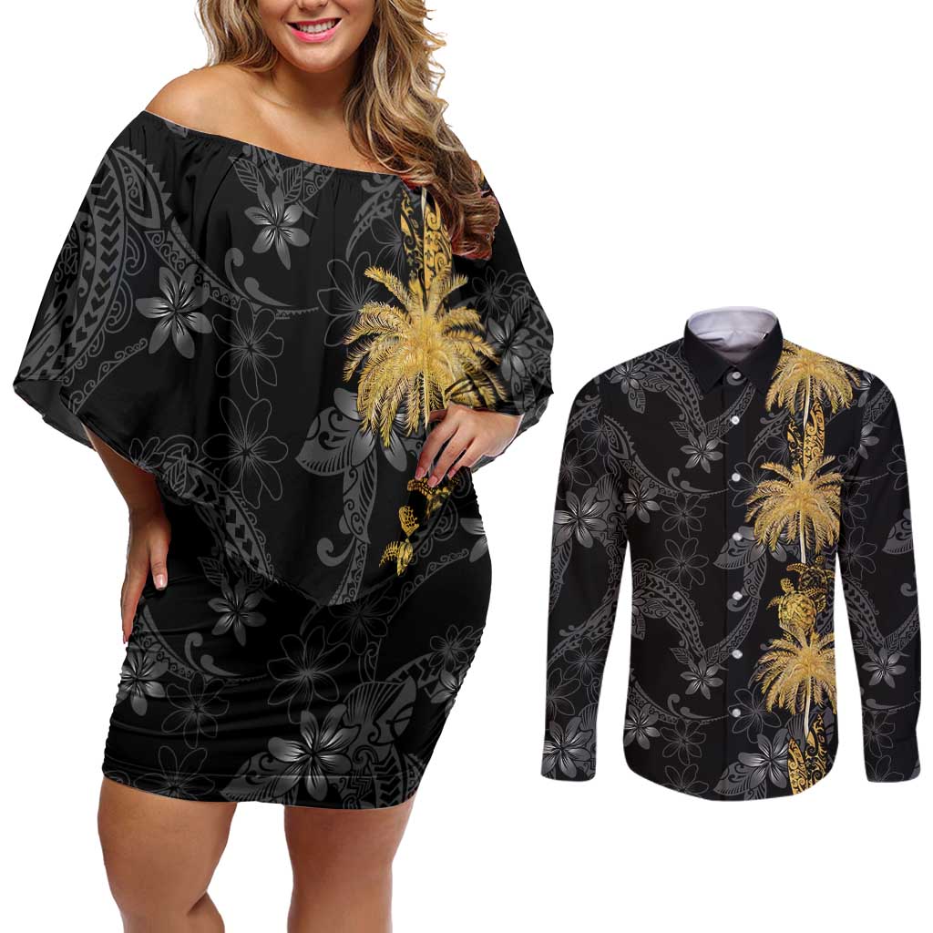 Hawaiian Honu And Surfboards Couples Matching Off Shoulder Short Dress and Long Sleeve Button Shirt Gold Style - Polynesian Pride