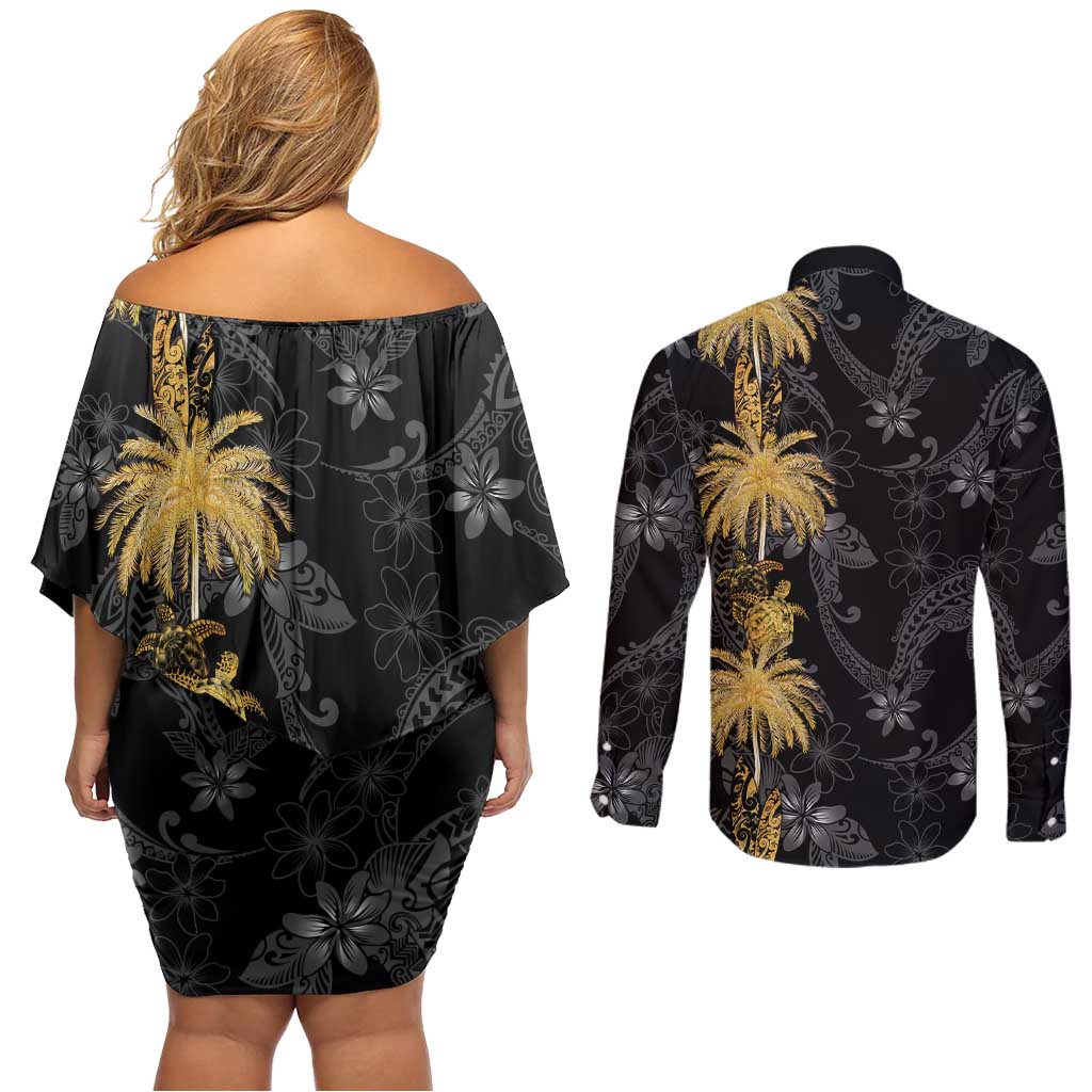 Hawaiian Honu And Surfboards Couples Matching Off Shoulder Short Dress and Long Sleeve Button Shirt Gold Style - Polynesian Pride