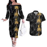 Hawaiian Honu And Surfboards Couples Matching Off The Shoulder Long Sleeve Dress and Hawaiian Shirt Gold Style LT05 Gold - Polynesian Pride