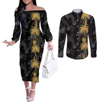 Hawaiian Honu And Surfboards Couples Matching Off The Shoulder Long Sleeve Dress and Long Sleeve Button Shirt Gold Style - Polynesian Pride