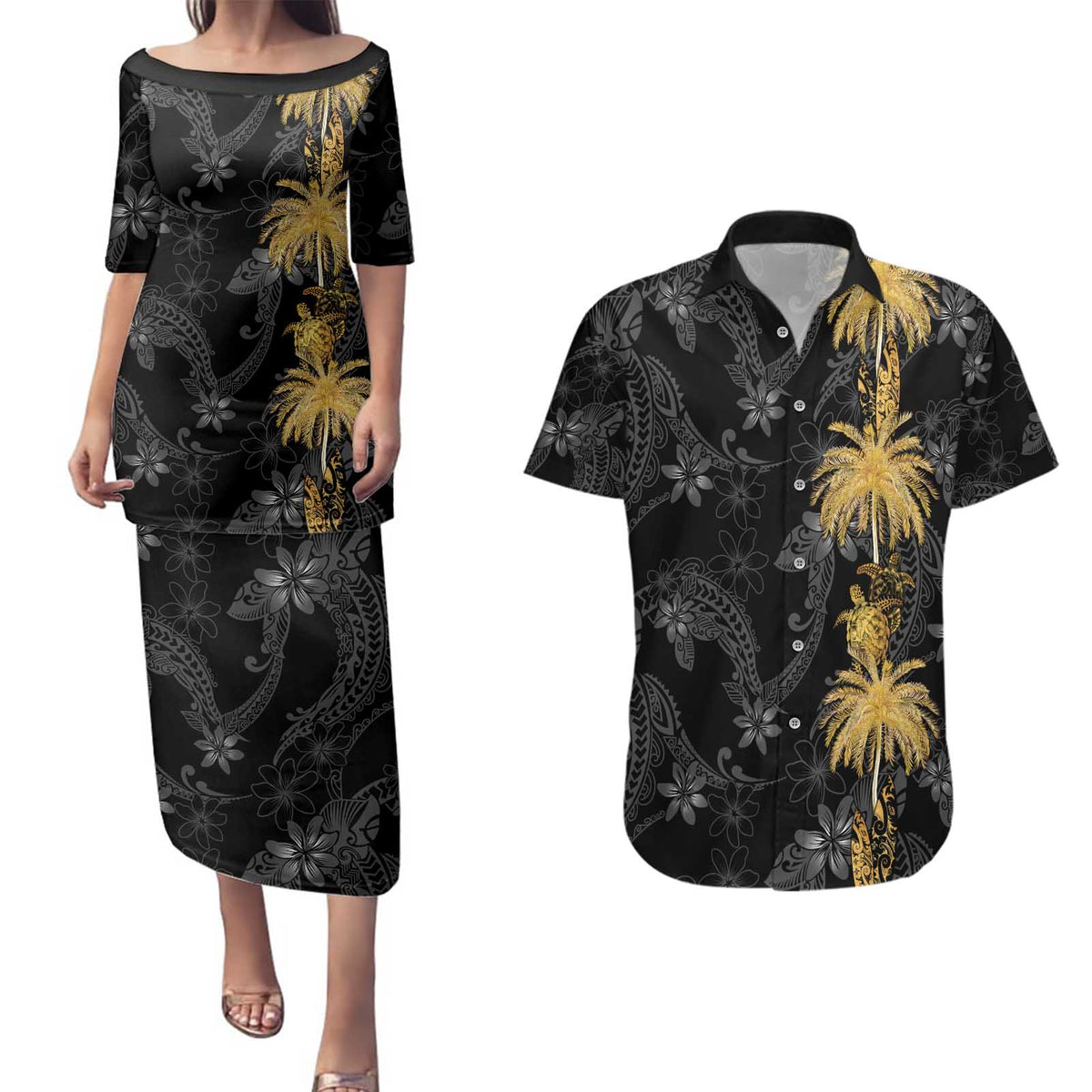 Hawaiian Honu And Surfboards Couples Matching Puletasi and Hawaiian Shirt Gold Style - Polynesian Pride