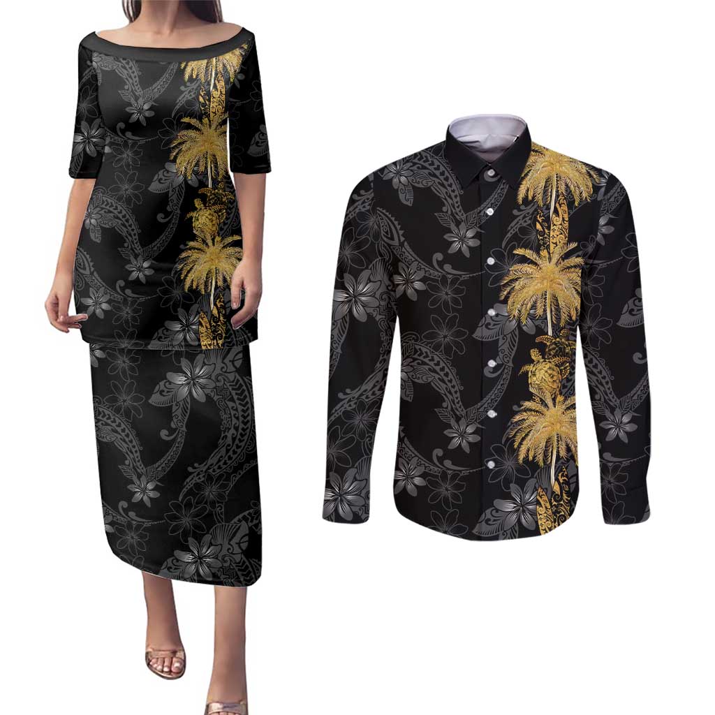 Hawaiian Honu And Surfboards Couples Matching Puletasi and Long Sleeve Button Shirt Gold Style LT05 Gold - Polynesian Pride