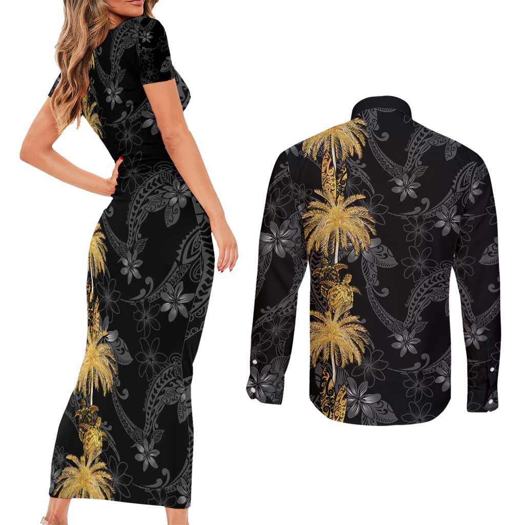 Hawaiian Honu And Surfboards Couples Matching Short Sleeve Bodycon Dress and Long Sleeve Button Shirt Gold Style - Polynesian Pride