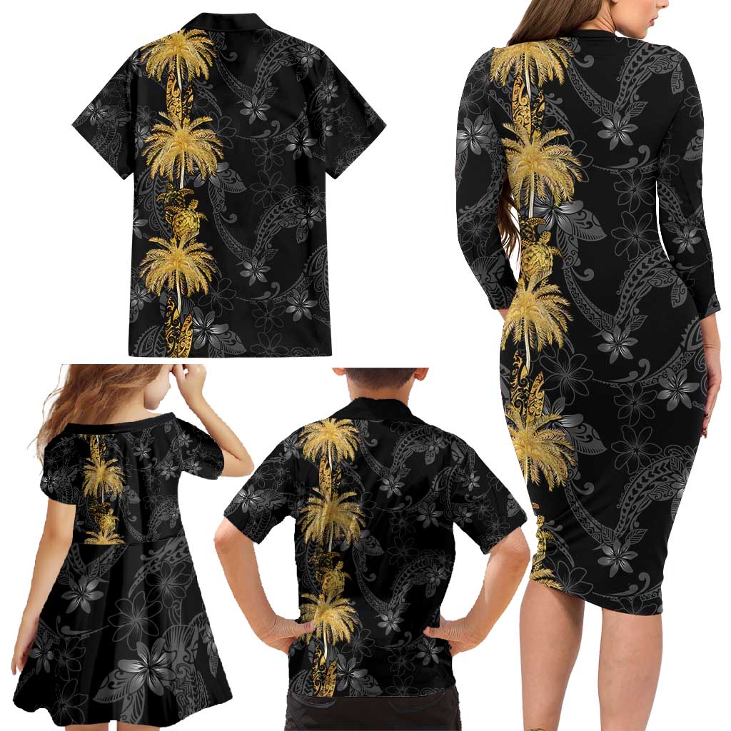 Hawaiian Honu And Surfboards Family Matching Long Sleeve Bodycon Dress and Hawaiian Shirt Gold Style LT05 - Polynesian Pride