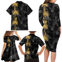 Hawaiian Honu And Surfboards Family Matching Long Sleeve Bodycon Dress and Hawaiian Shirt Gold Style LT05 - Polynesian Pride