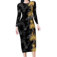 Hawaiian Honu And Surfboards Family Matching Long Sleeve Bodycon Dress and Hawaiian Shirt Gold Style LT05 Mom's Dress Gold - Polynesian Pride