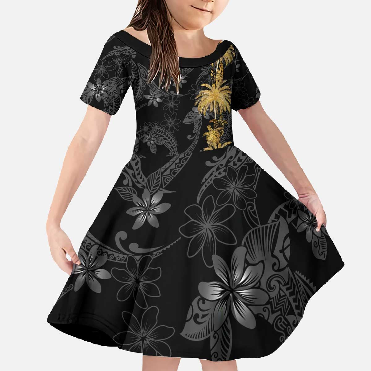 Hawaiian Honu And Surfboards Family Matching Off The Shoulder Long Sleeve Dress and Hawaiian Shirt Gold Style LT05 Daughter's Dress Gold - Polynesian Pride