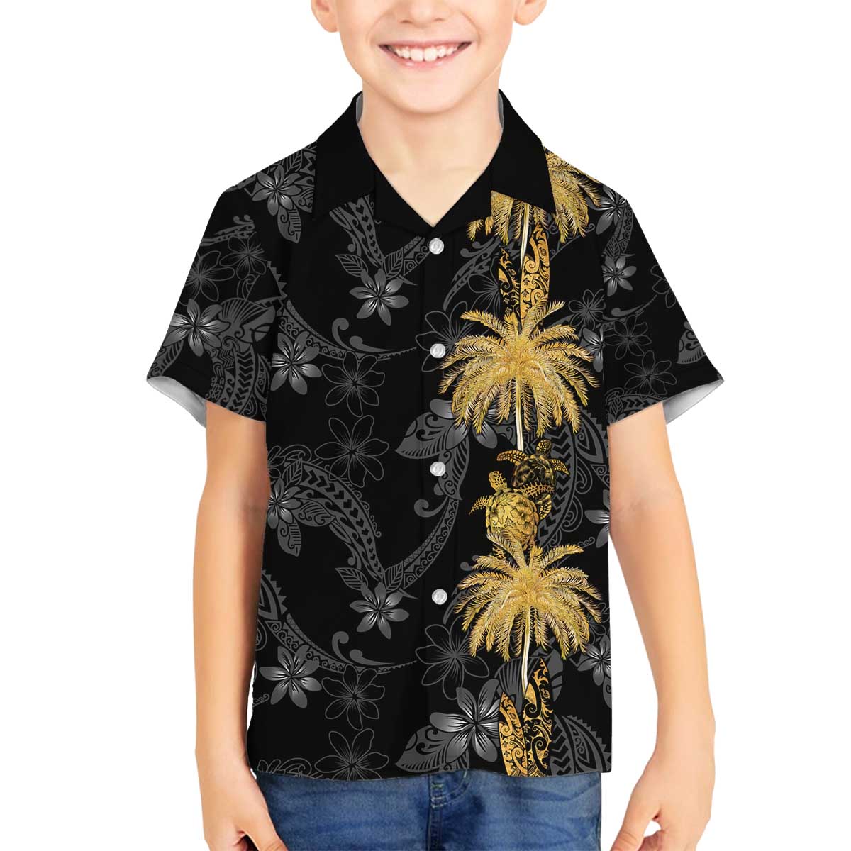 Hawaiian Honu And Surfboards Family Matching Off The Shoulder Long Sleeve Dress and Hawaiian Shirt Gold Style LT05 Son's Shirt Gold - Polynesian Pride