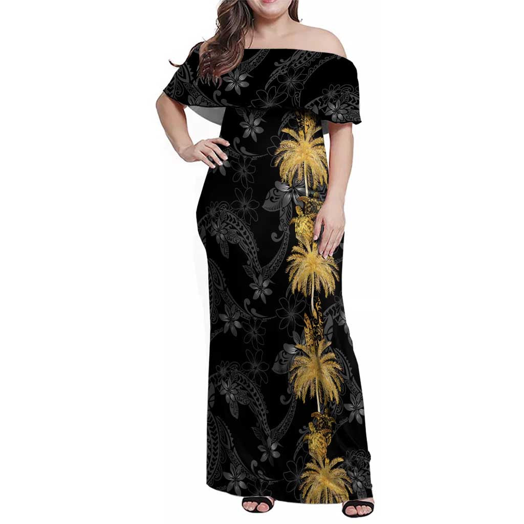 Hawaiian Honu And Surfboards Family Matching Off Shoulder Maxi Dress and Hawaiian Shirt Gold Style LT05 Mom's Dress Gold - Polynesian Pride