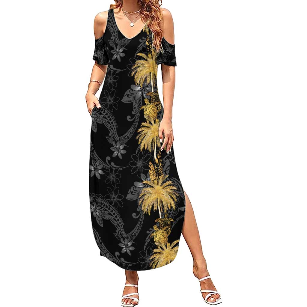Hawaiian Honu And Surfboards Family Matching Summer Maxi Dress and Hawaiian Shirt Gold Style LT05 Mom's Dress Gold - Polynesian Pride