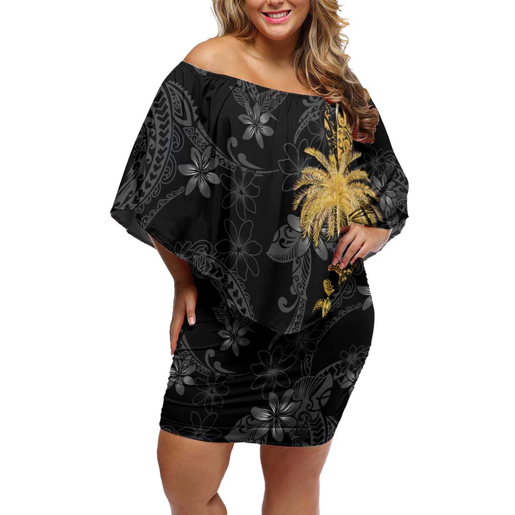Hawaiian Honu And Surfboards Off Shoulder Short Dress Gold Style LT05 Women Gold - Polynesian Pride
