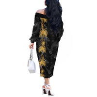 Hawaiian Honu And Surfboards Off The Shoulder Long Sleeve Dress Gold Style - Polynesian Pride