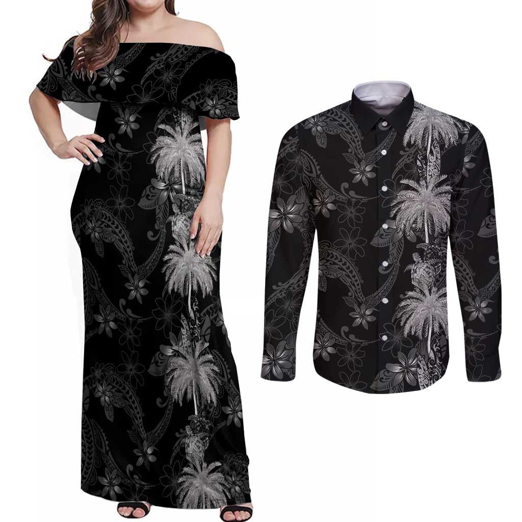 Hawaiian Honu And Surfboards Couples Matching Off Shoulder Maxi Dress and Long Sleeve Button Shirt Silver Style - Polynesian Pride