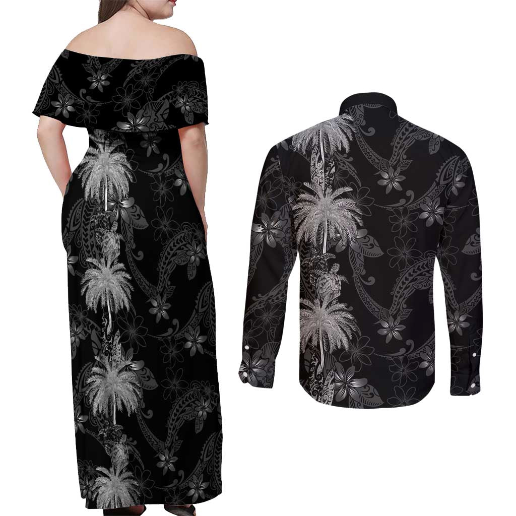 Hawaiian Honu And Surfboards Couples Matching Off Shoulder Maxi Dress and Long Sleeve Button Shirt Silver Style - Polynesian Pride