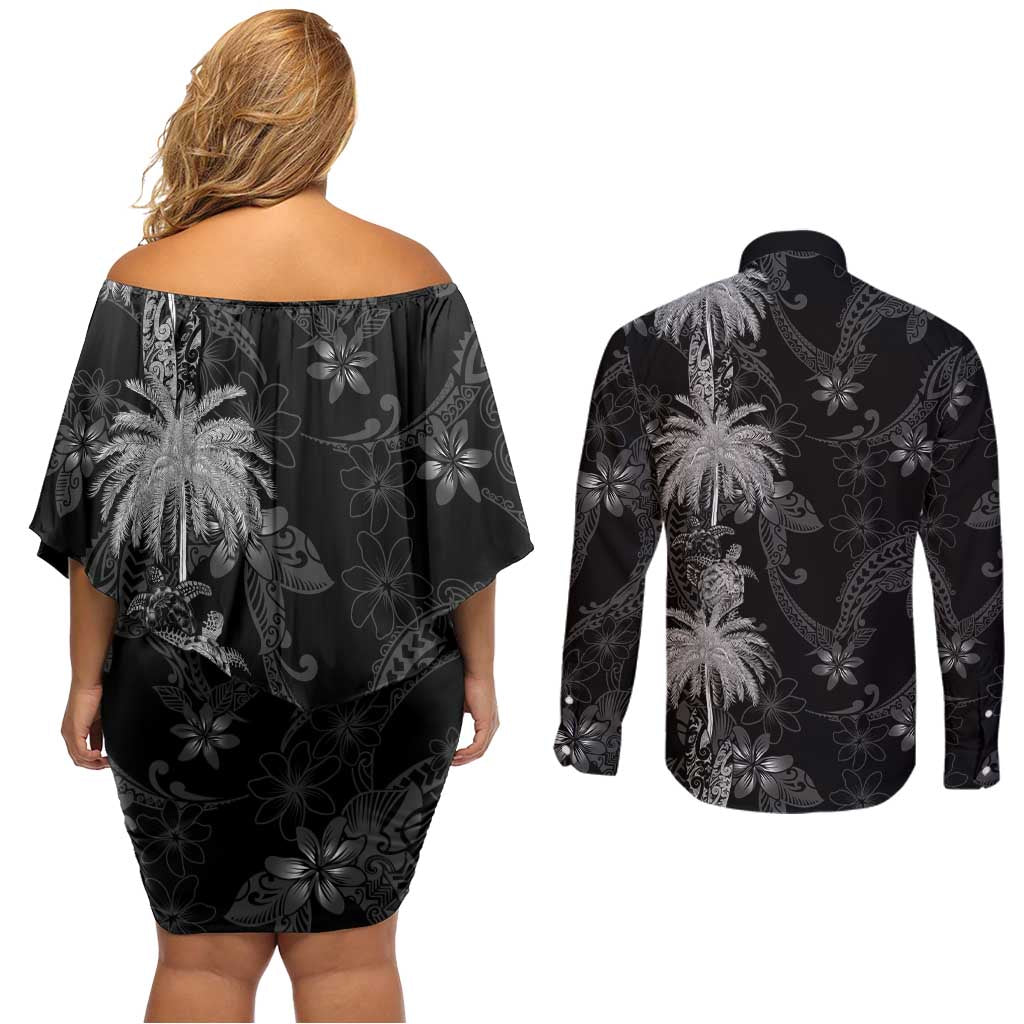 Hawaiian Honu And Surfboards Couples Matching Off Shoulder Short Dress and Long Sleeve Button Shirt Silver Style - Polynesian Pride