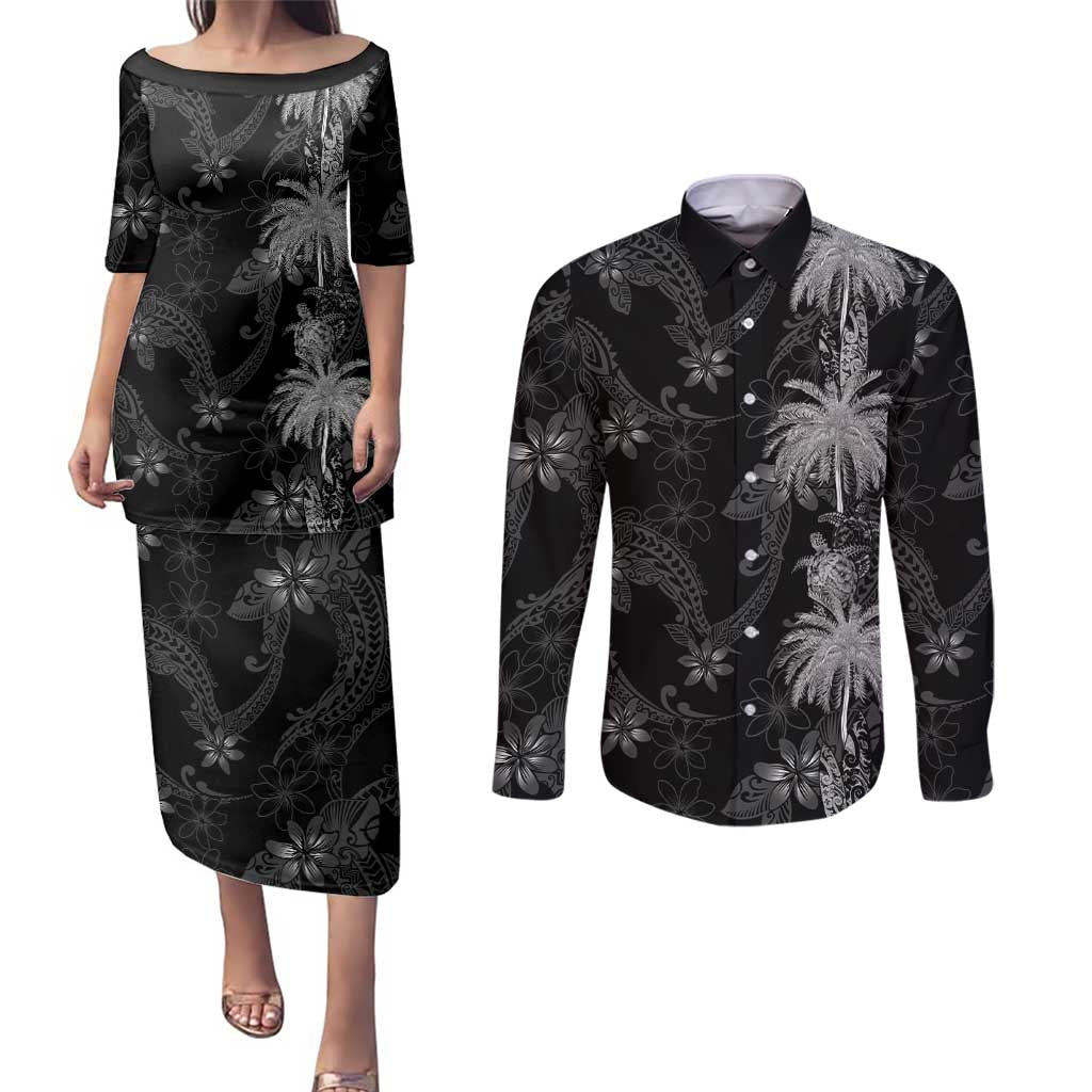 Hawaiian Honu And Surfboards Couples Matching Puletasi and Long Sleeve Button Shirt Silver Style LT05 Silver - Polynesian Pride