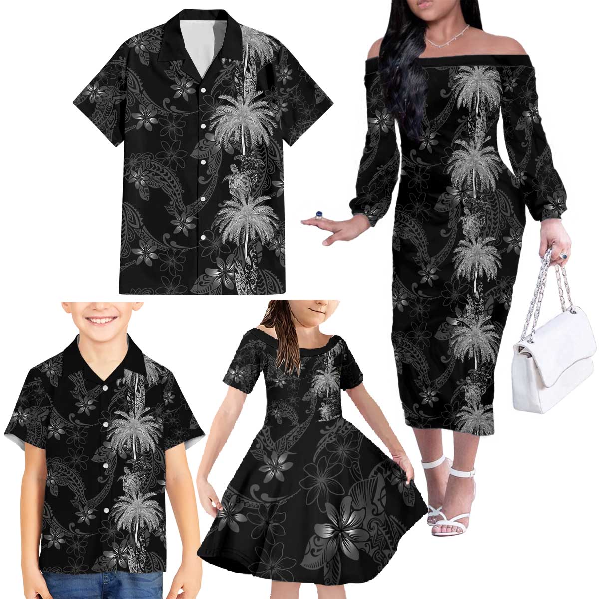 Hawaiian Honu And Surfboards Family Matching Off The Shoulder Long Sleeve Dress and Hawaiian Shirt Silver Style LT05 - Polynesian Pride