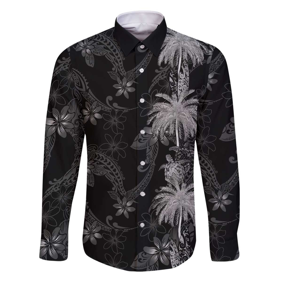 Hawaiian Honu And Surfboards Family Matching Off The Shoulder Long Sleeve Dress and Hawaiian Shirt Silver Style LT05 Dad's Shirt - Long Sleeve Silver - Polynesian Pride