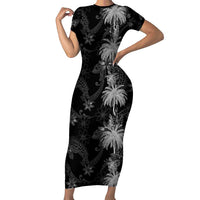 Hawaiian Honu And Surfboards Family Matching Short Sleeve Bodycon Dress and Hawaiian Shirt Silver Style LT05 Mom's Dress Silver - Polynesian Pride