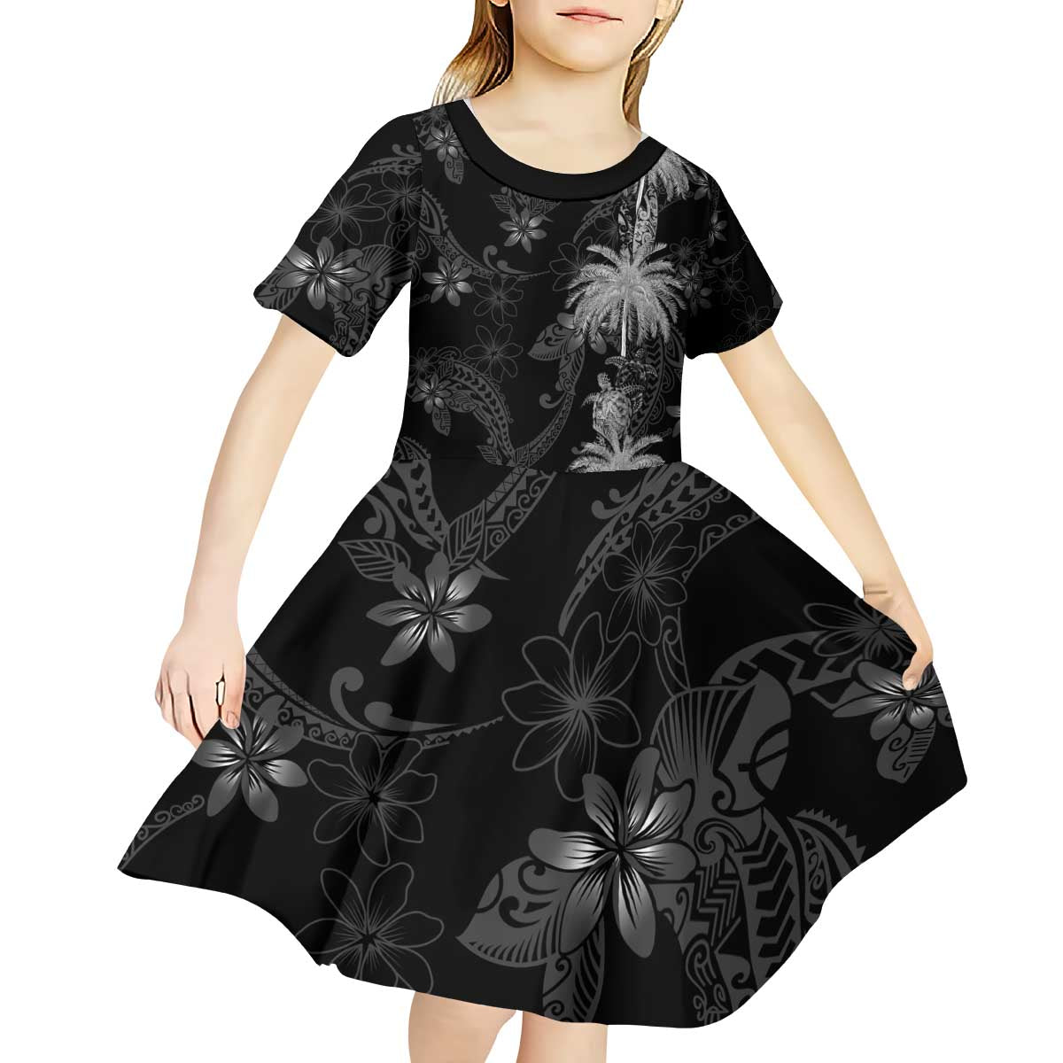 Hawaiian Honu And Surfboards Kid Short Sleeve Dress Silver Style - Polynesian Pride