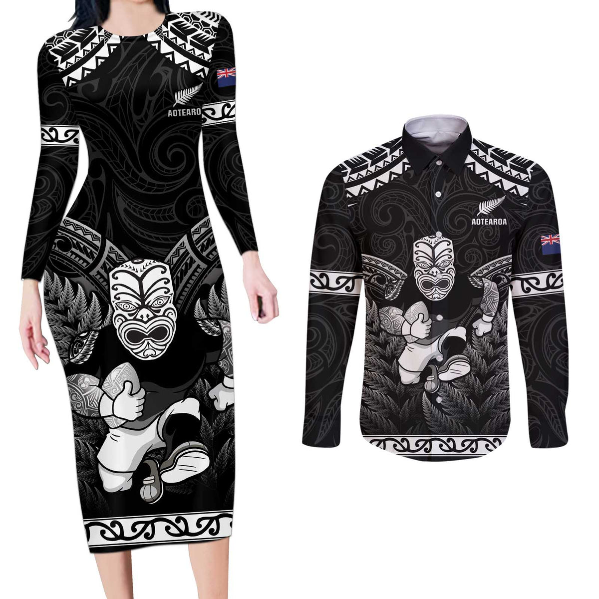 Custom New Zealand Maori Tiki Rugby Couples Matching Long Sleeve Bodycon Dress and Long Sleeve Button Shirt Go Aotearoa Maori Pattern LT05 Black - Polynesian Pride