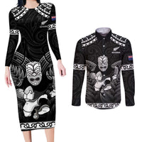 Custom New Zealand Maori Tiki Rugby Couples Matching Long Sleeve Bodycon Dress and Long Sleeve Button Shirt Go Aotearoa Maori Pattern LT05 Black - Polynesian Pride