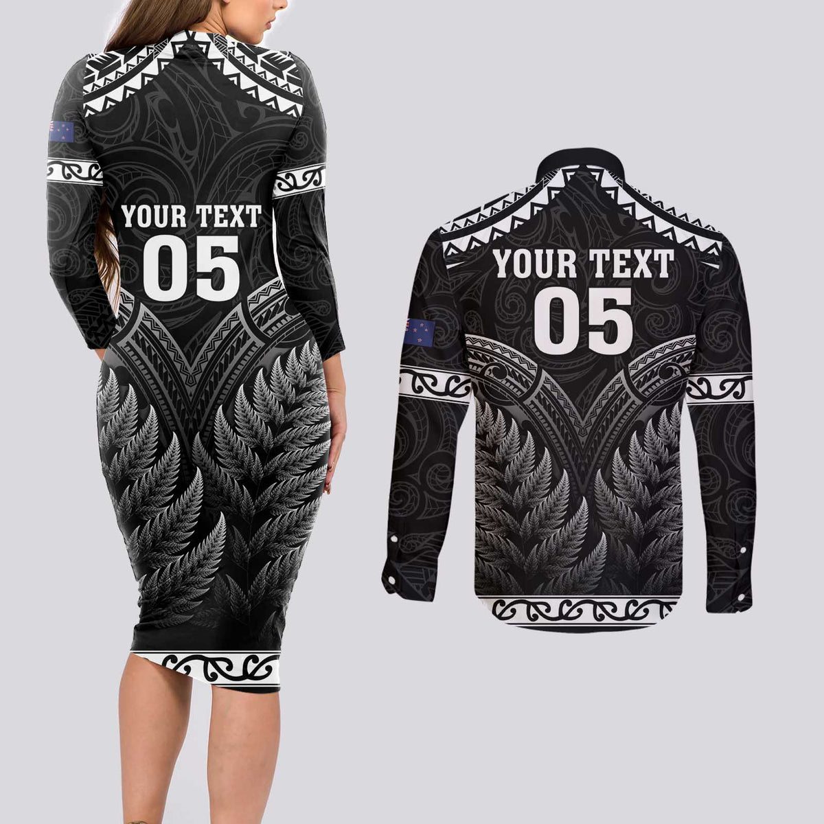 Custom New Zealand Maori Tiki Rugby Couples Matching Long Sleeve Bodycon Dress and Long Sleeve Button Shirt Go Aotearoa Maori Pattern LT05 - Polynesian Pride