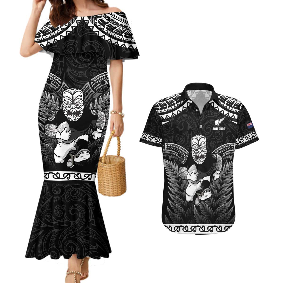 Custom New Zealand Maori Tiki Rugby Couples Matching Mermaid Dress and Hawaiian Shirt Go Aotearoa Maori Pattern LT05 Black - Polynesian Pride