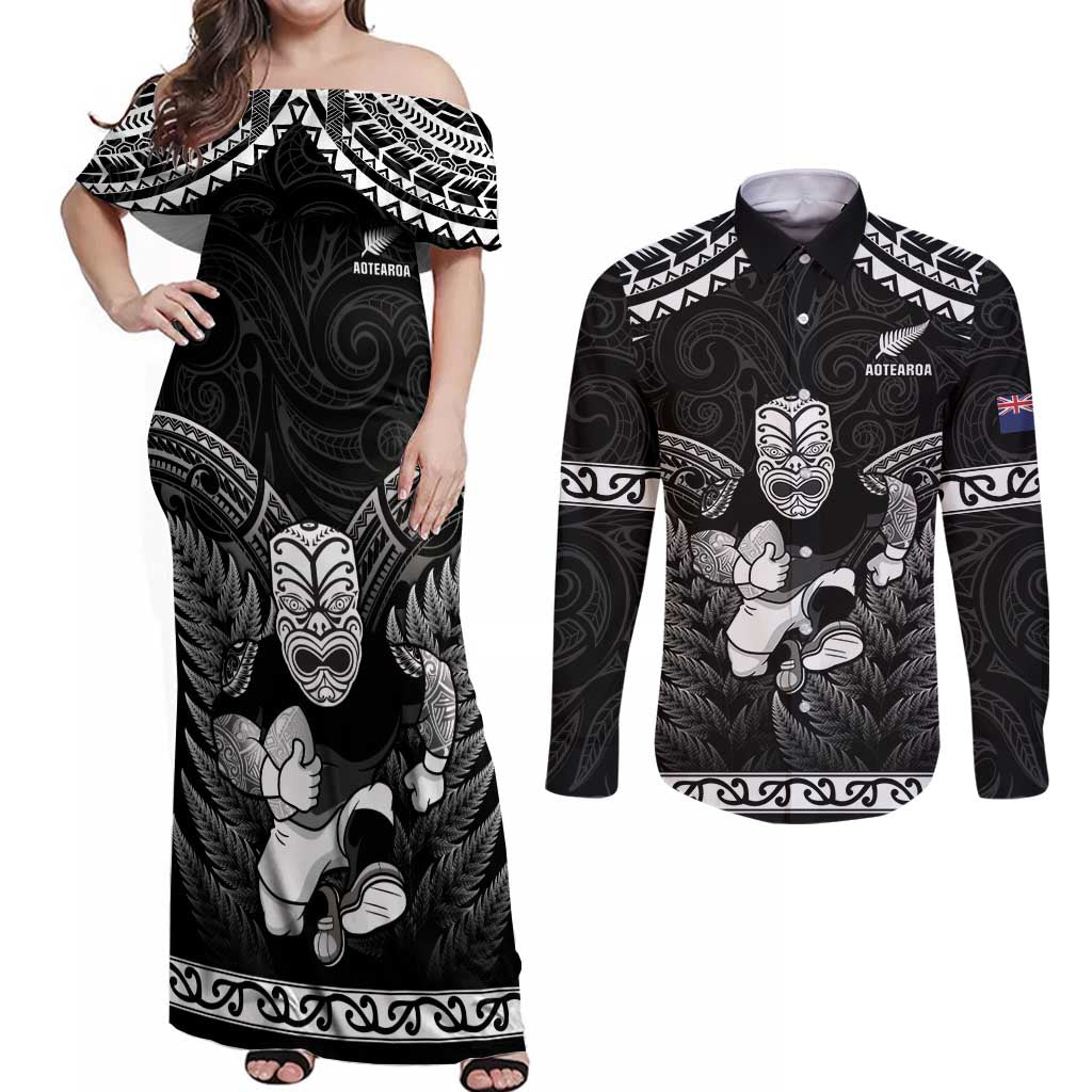 Custom New Zealand Maori Tiki Rugby Couples Matching Off Shoulder Maxi Dress and Long Sleeve Button Shirt Go Aotearoa Maori Pattern LT05 Black - Polynesian Pride