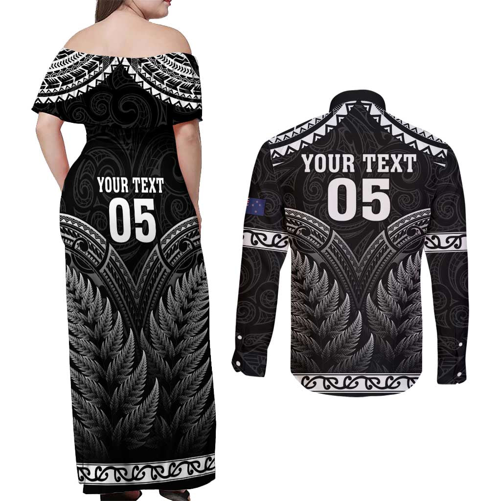 Custom New Zealand Maori Tiki Rugby Couples Matching Off Shoulder Maxi Dress and Long Sleeve Button Shirt Go Aotearoa Maori Pattern LT05 - Polynesian Pride