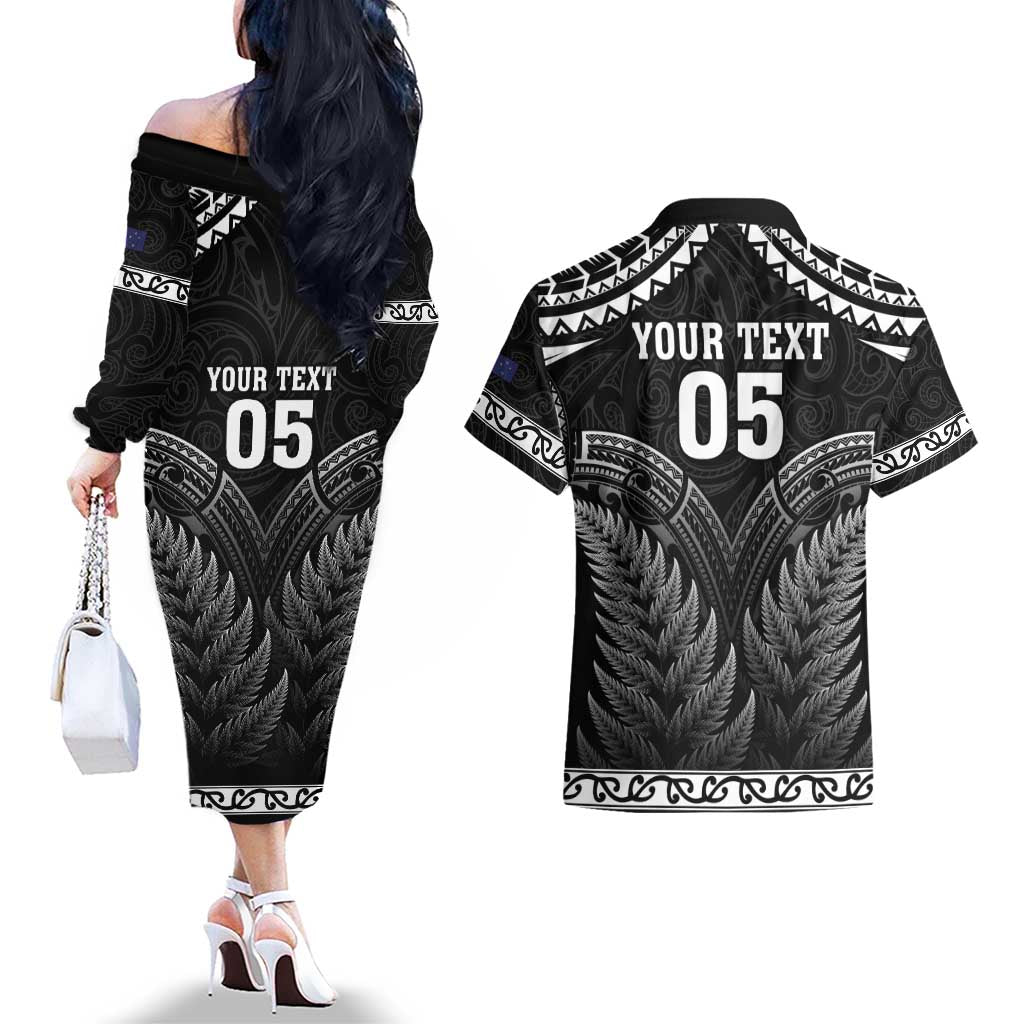 Custom New Zealand Maori Tiki Rugby Couples Matching Off The Shoulder Long Sleeve Dress and Hawaiian Shirt Go Aotearoa Maori Pattern LT05 - Polynesian Pride