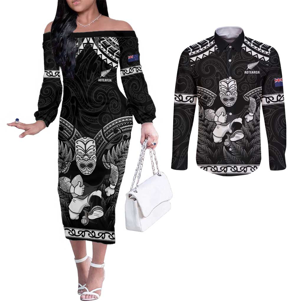 Custom New Zealand Maori Tiki Rugby Couples Matching Off The Shoulder Long Sleeve Dress and Long Sleeve Button Shirt Go Aotearoa Maori Pattern LT05 Black - Polynesian Pride