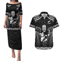 Custom New Zealand Maori Tiki Rugby Couples Matching Puletasi and Hawaiian Shirt Go Aotearoa Maori Pattern LT05 Black - Polynesian Pride