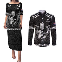 Custom New Zealand Maori Tiki Rugby Couples Matching Puletasi and Long Sleeve Button Shirt Go Aotearoa Maori Pattern LT05 Black - Polynesian Pride