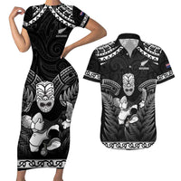 Custom New Zealand Maori Tiki Rugby Couples Matching Short Sleeve Bodycon Dress and Hawaiian Shirt Go Aotearoa Maori Pattern LT05 Black - Polynesian Pride