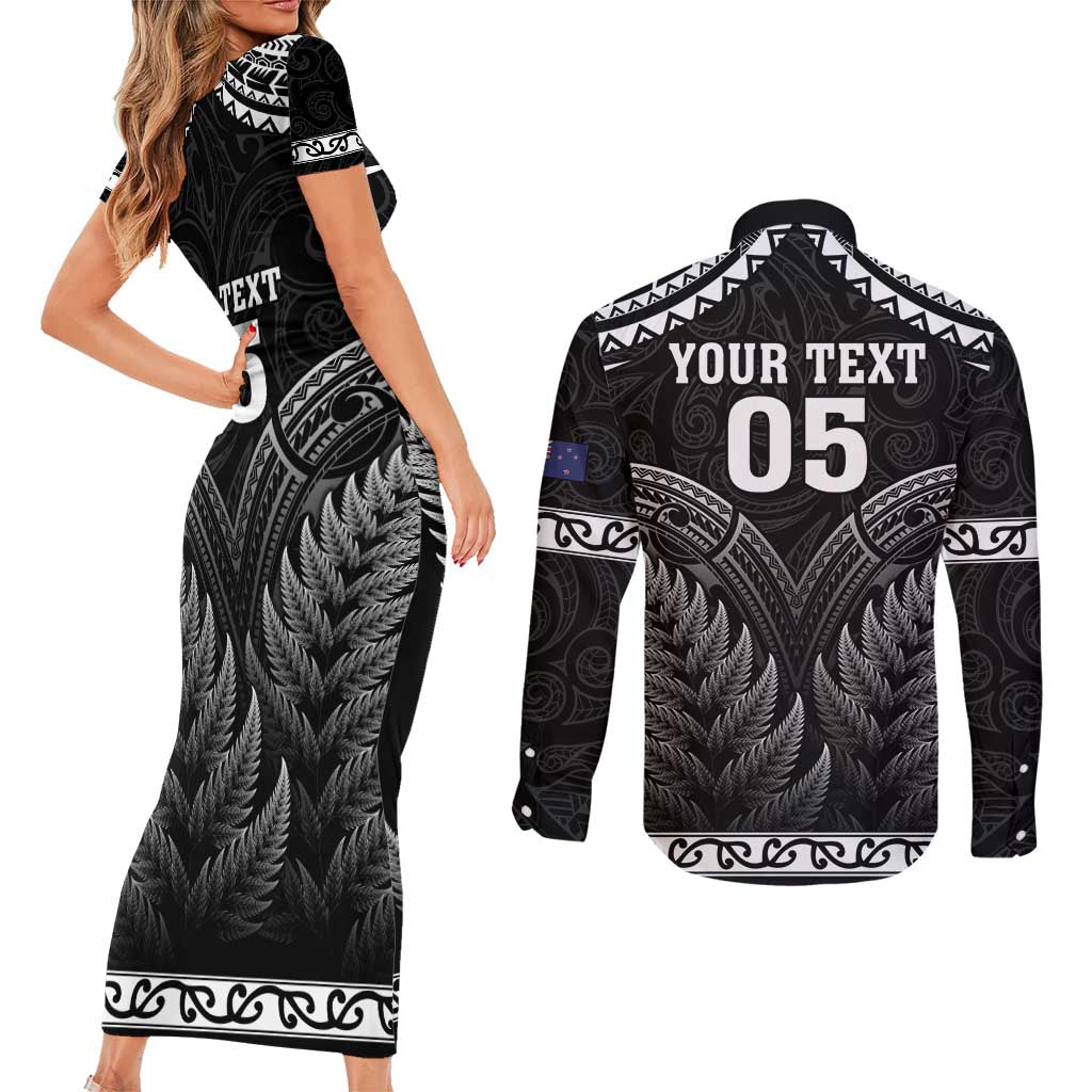 Custom New Zealand Maori Tiki Rugby Couples Matching Short Sleeve Bodycon Dress and Long Sleeve Button Shirt Go Aotearoa Maori Pattern LT05 - Polynesian Pride