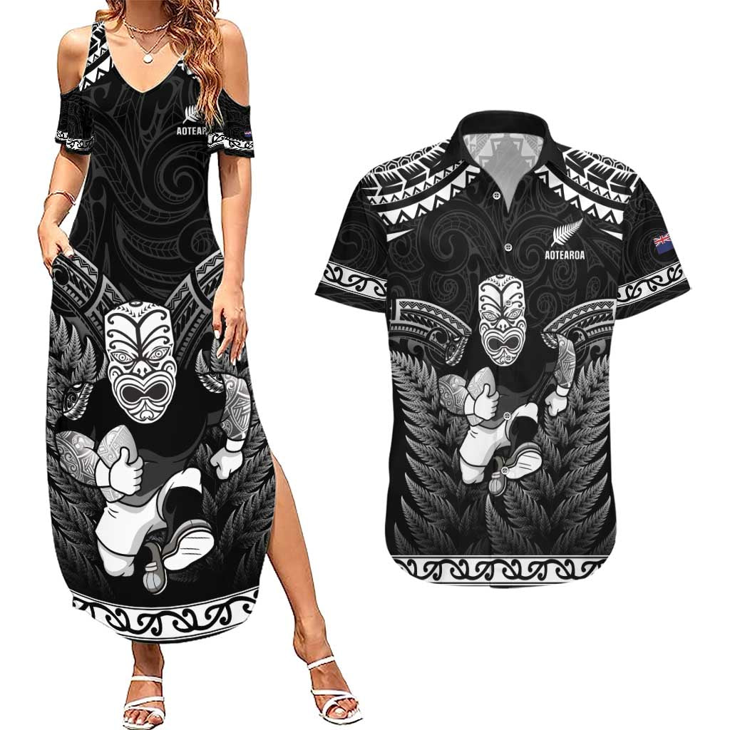 Custom New Zealand Maori Tiki Rugby Couples Matching Summer Maxi Dress and Hawaiian Shirt Go Aotearoa Maori Pattern LT05 Black - Polynesian Pride