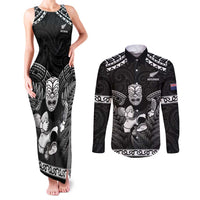 Custom New Zealand Maori Tiki Rugby Couples Matching Tank Maxi Dress and Long Sleeve Button Shirt Go Aotearoa Maori Pattern LT05 Black - Polynesian Pride