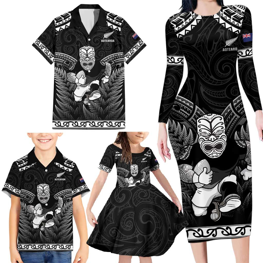 Custom New Zealand Maori Tiki Rugby Family Matching Long Sleeve Bodycon Dress and Hawaiian Shirt Go Aotearoa Maori Pattern LT05 - Polynesian Pride