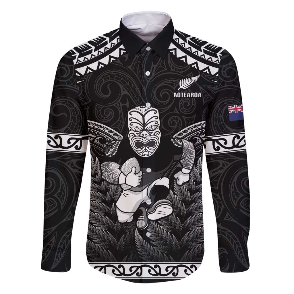 Custom New Zealand Maori Tiki Rugby Family Matching Long Sleeve Bodycon Dress and Hawaiian Shirt Go Aotearoa Maori Pattern LT05 Dad's Shirt - Long Sleeve Black - Polynesian Pride