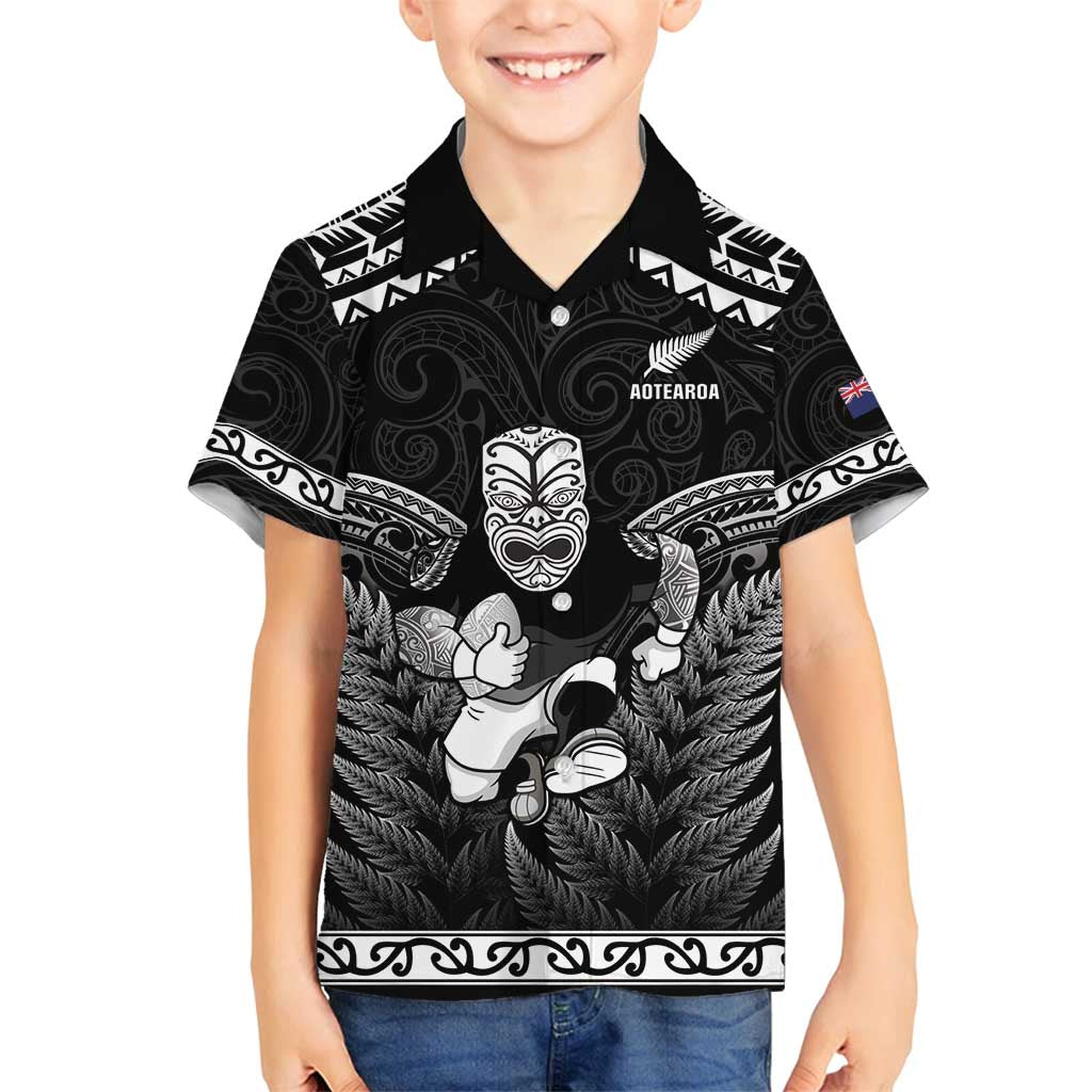 Custom New Zealand Maori Tiki Rugby Family Matching Long Sleeve Bodycon Dress and Hawaiian Shirt Go Aotearoa Maori Pattern LT05 Son's Shirt Black - Polynesian Pride