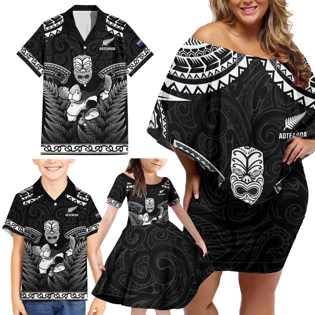 Custom New Zealand Maori Tiki Rugby Family Matching Off Shoulder Short Dress and Hawaiian Shirt Go Aotearoa Maori Pattern LT05 - Polynesian Pride