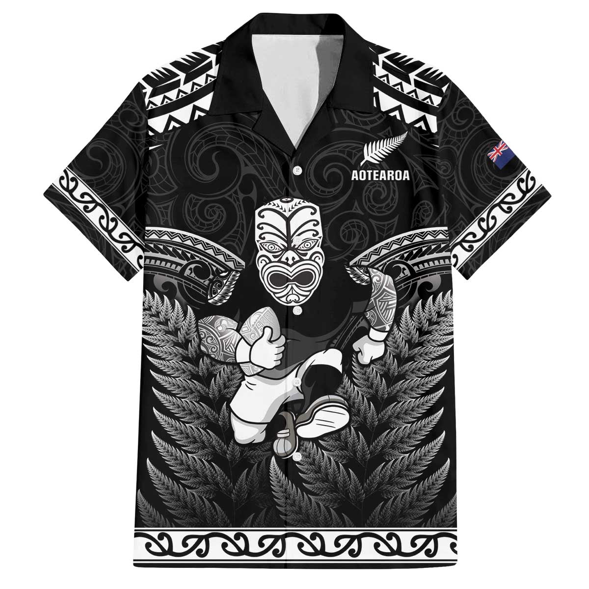 Custom New Zealand Maori Tiki Rugby Family Matching Off Shoulder Short Dress and Hawaiian Shirt Go Aotearoa Maori Pattern LT05 Dad's Shirt - Short Sleeve Black - Polynesian Pride