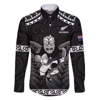 Custom New Zealand Maori Tiki Rugby Family Matching Off Shoulder Short Dress and Hawaiian Shirt Go Aotearoa Maori Pattern LT05 Dad's Shirt - Long Sleeve Black - Polynesian Pride