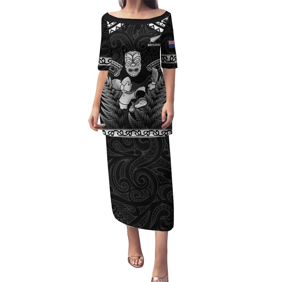 Custom New Zealand Maori Tiki Rugby Family Matching Puletasi and Hawaiian Shirt Go Aotearoa Maori Pattern LT05 Mom's Dress Black - Polynesian Pride
