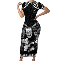 Custom New Zealand Maori Tiki Rugby Family Matching Short Sleeve Bodycon Dress and Hawaiian Shirt Go Aotearoa Maori Pattern LT05 Mom's Dress Black - Polynesian Pride