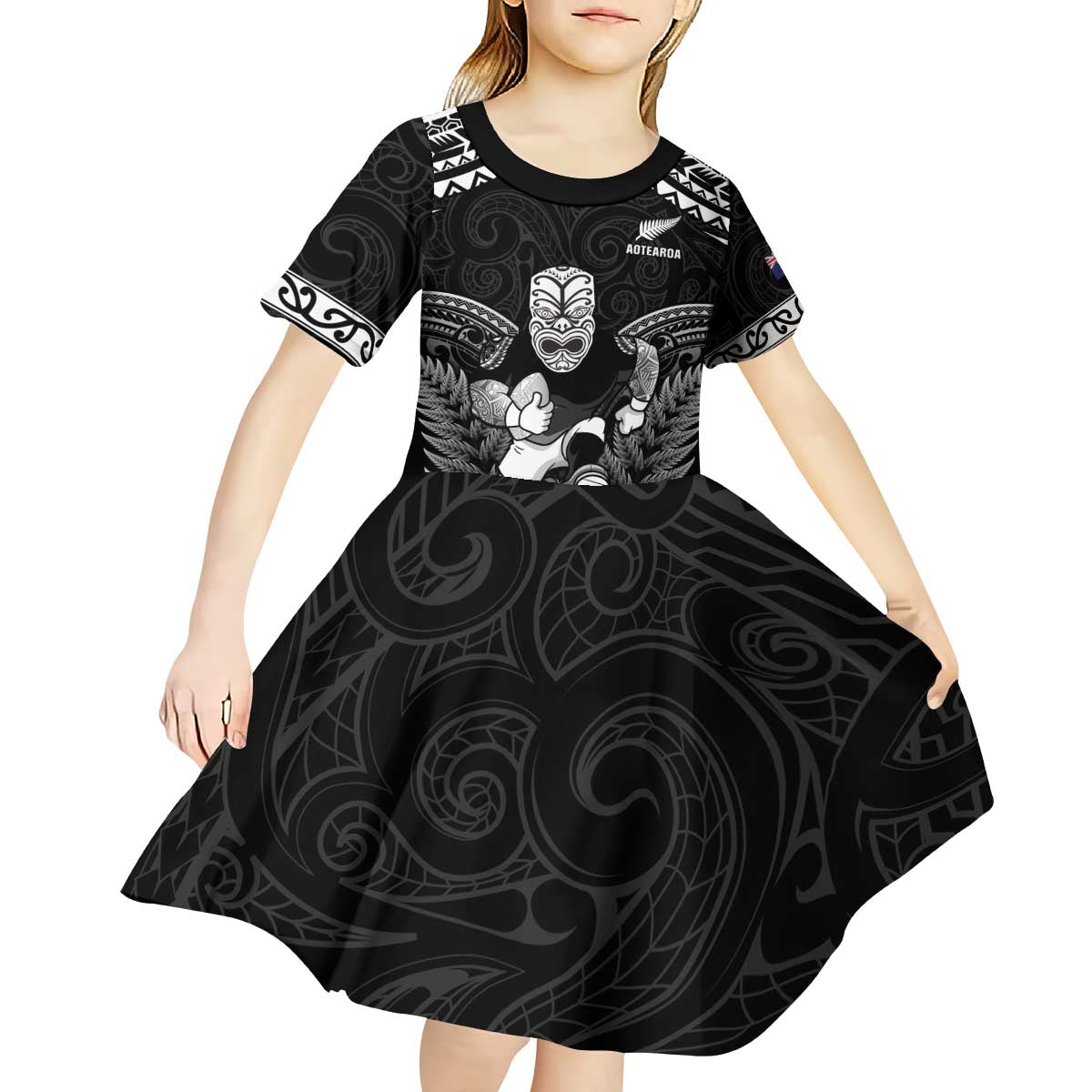 Custom New Zealand Maori Tiki Rugby Kid Short Sleeve Dress Go Aotearoa Maori Pattern LT05 - Polynesian Pride