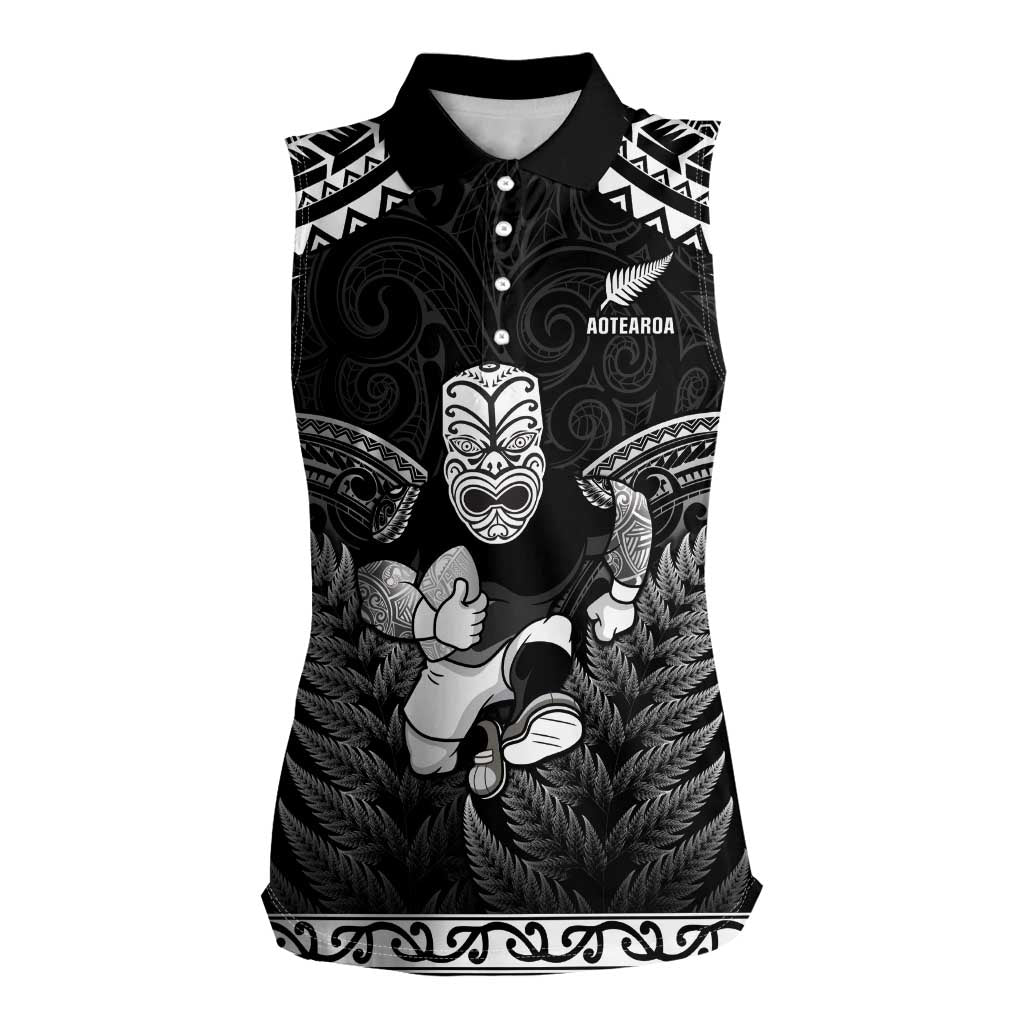 Custom New Zealand Maori Tiki Rugby Women Sleeveless Polo Shirt Go Aotearoa Maori Pattern LT05 Female Black - Polynesian Pride